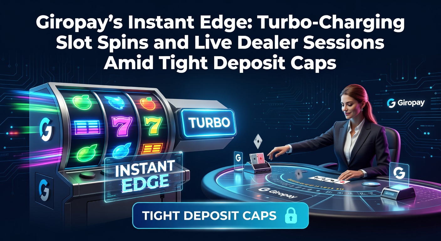 Giropay-Logo mit Blitzsymbol für Instant-Zahlungen neben Slot-Maschinen und Live-Dealer-Tischen